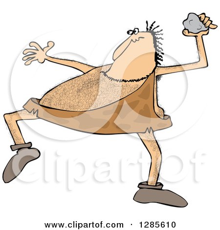 Clipart Cartoon of a Hairy Caveman Throwing a Rock - Royalty Free Vector Illustration by djart