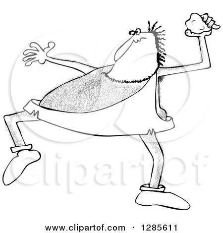 Clipart Cartoon of a Black and White Hairy Caveman Throwing a Rock - Royalty Free Vector Illustration by djart