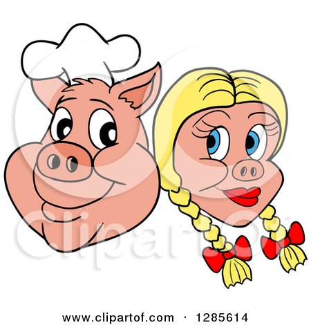 Cartoon Clipart of a Grinning Chef Pig Face and Blond Haired Girlfriend - Royalty Free Vector Illustration by LaffToon