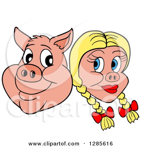 Cartoon Clipart of a Happy Pig Face and Blond Haired Girlfriend - Royalty Free Vector Illustration by LaffToon