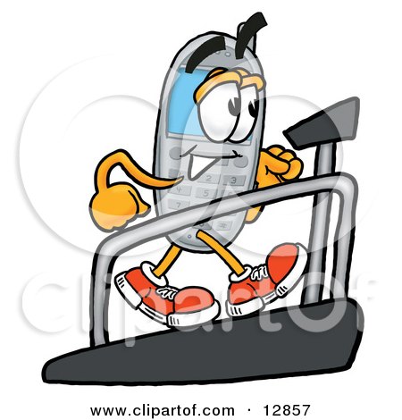 Clipart Picture of a Wireless Cellular Telephone Mascot Cartoon Character Walking on a Treadmill in a Fitness Gym by Mascot Junction