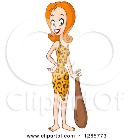 Clipart of a Red Haired Cave Woman Leaning on a Club - Royalty Free Vector Illustration by yayayoyo