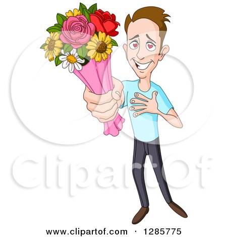 Clipart of a Smitten Caucasian Man Holding up a Bouquet of Flowers - Royalty Free Vector Illustration by yayayoyo