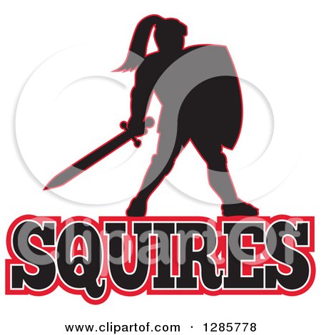 Clipart of a Black Silhouetted Knight with a Sword and Shield over Squires Text with a Red Outline - Royalty Free Vector Illustration by patrimonio