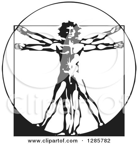 Clipart of a Black and White Da Vinci Vitruvian Man - Royalty Free Vector Illustration by xunantunich
