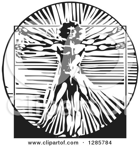 Clipart of a Black and White Woodcut Da Vinci Vitruvian Man - Royalty Free Vector Illustration by xunantunich