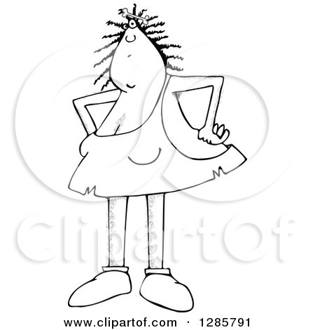 Clipart of a Black and White Hairy Cavewoman Standing with Hands on Her Hips and a Bone in Her Hair - Royalty Free Vector Illustration by djart