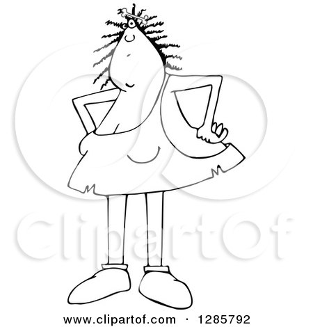 Clipart of a Black and White Cavewoman Standing with Hands on Her Hips and a Bone in Her Hair - Royalty Free Vector Illustration by djart