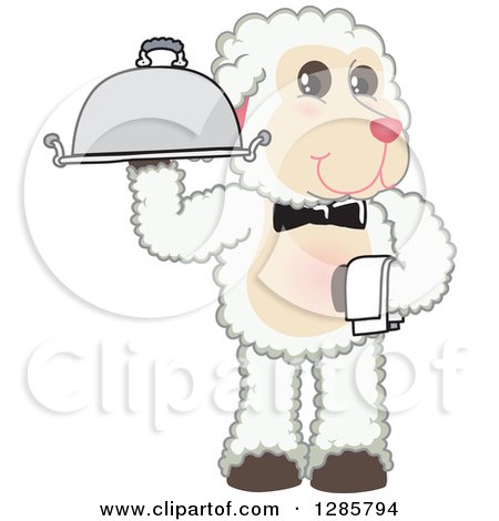Clipart of a Happy Lamb Mascot Character Waiter Holding a Cloche Platter - Royalty Free Vector Illustration by Mascot Junction