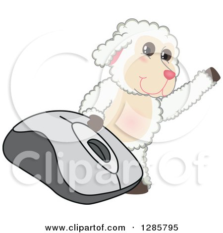 Clipart of a Happy Lamb Mascot Character Waving by a Giant Computer Mouse - Royalty Free Vector Illustration by Mascot Junction