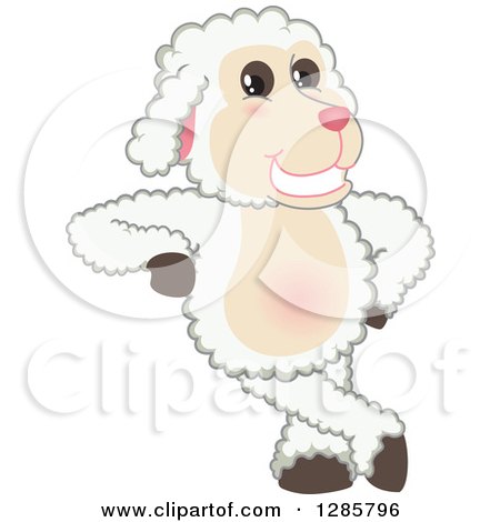 Clipart of a Happy Lamb Mascot Character Leaning - Royalty Free Vector Illustration by Mascot Junction