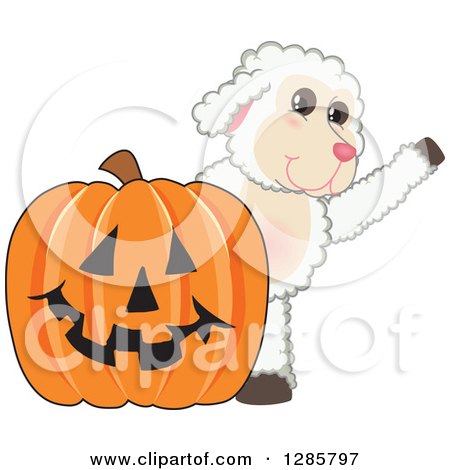 Clipart of a Happy Lamb Mascot Character Waving by a Giant Halloween Jackolantern Pumpkin - Royalty Free Vector Illustration by Mascot Junction