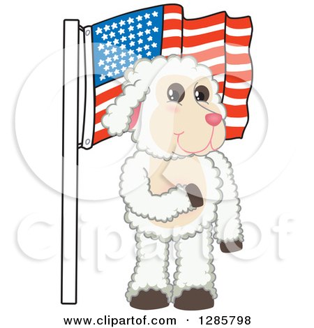 Clipart of a Happy Lamb Mascot Character Pledging Allegiance to an American Flag - Royalty Free Vector Illustration by Mascot Junction