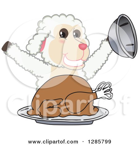 Clipart of a Happy Lamb Mascot Character Serving a Roasted Thanksgiving Turkey - Royalty Free Vector Illustration by Mascot Junction