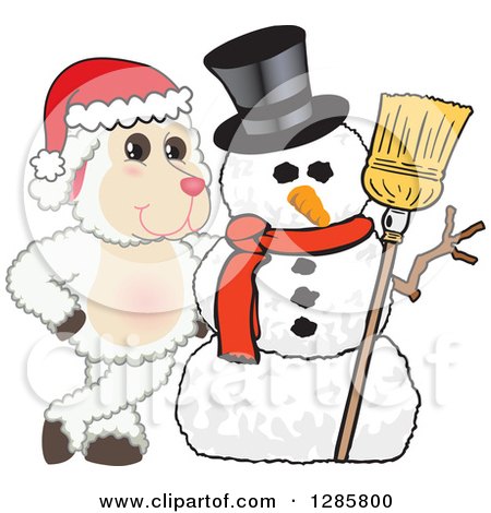 Clipart of a Happy Christmas Lamb Mascot Character with a Winter Snowman - Royalty Free Vector Illustration by Mascot Junction