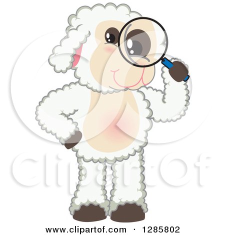 Clipart of a Happy Lamb Mascot Character Looking Through a Magnifying Glass - Royalty Free Vector Illustration by Mascot Junction