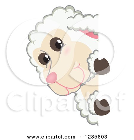 Clipart of a Happy Lamb Mascot Character Looking Around a Sign - Royalty Free Vector Illustration by Mascot Junction