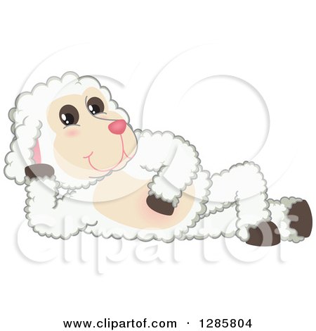 Clipart of a Happy Lamb Mascot Character Resting on His Side - Royalty Free Vector Illustration by Mascot Junction