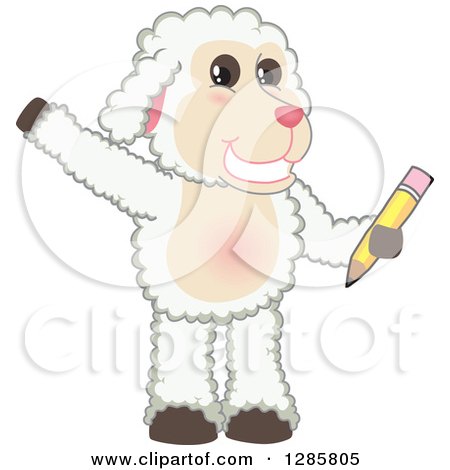 Clipart of a Happy Lamb Mascot Character Waving and Holding a Pencil - Royalty Free Vector Illustration by Mascot Junction