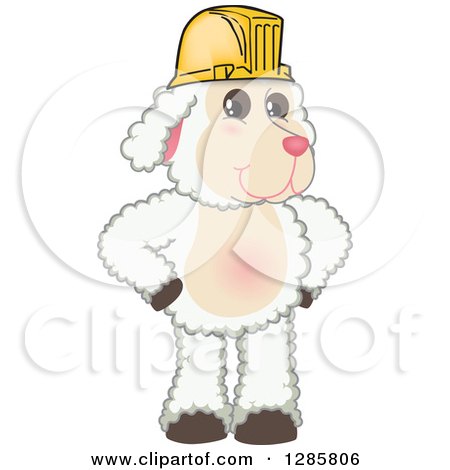 Clipart of a Happy Lamb Mascot Character Wearing a Hardhat - Royalty Free Vector Illustration by Mascot Junction
