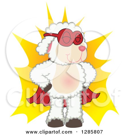 Clipart of a Super Hero Lamb Mascot Character over a Burst - Royalty Free Vector Illustration by Mascot Junction