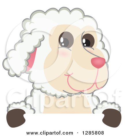Clipart of a Happy Lamb Mascot Character over a Sign - Royalty Free Vector Illustration by Mascot Junction