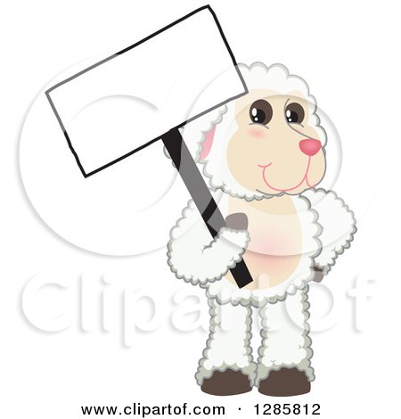 Clipart of a Happy Lamb Mascot Character Holding a Blank Sign - Royalty Free Vector Illustration by Mascot Junction