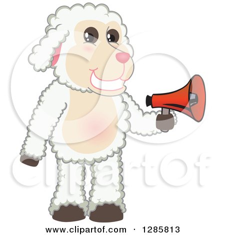 Clipart of a Happy Lamb Mascot Character Holding an Announcement Megaphone - Royalty Free Vector Illustration by Mascot Junction