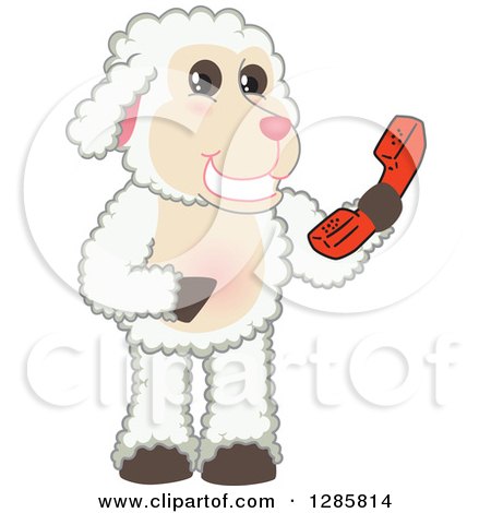 Clipart of a Happy Lamb Mascot Character Holding a Telephone Receiver - Royalty Free Vector Illustration by Mascot Junction
