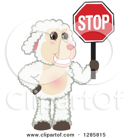 Clipart of a Happy Lamb Mascot Character Holding a Stop Sign - Royalty Free Vector Illustration by Mascot Junction