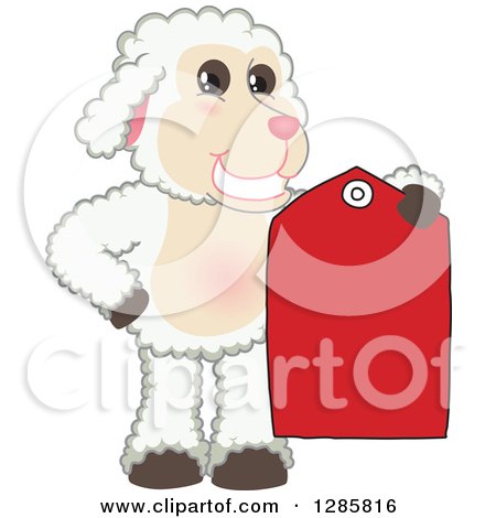 Clipart of a Happy Lamb Mascot Character Holding a Red Clearance Sales Tag - Royalty Free Vector Illustration by Mascot Junction