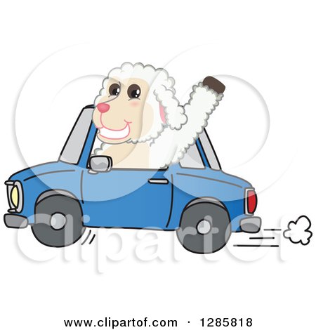 Clipart of a Happy Lamb Mascot Character Waving and Driving a Blue Car - Royalty Free Vector Illustration by Mascot Junction