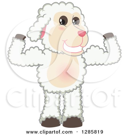 Clipart of a Happy Lamb Mascot Character Flexing His Muscles - Royalty Free Vector Illustration by Mascot Junction
