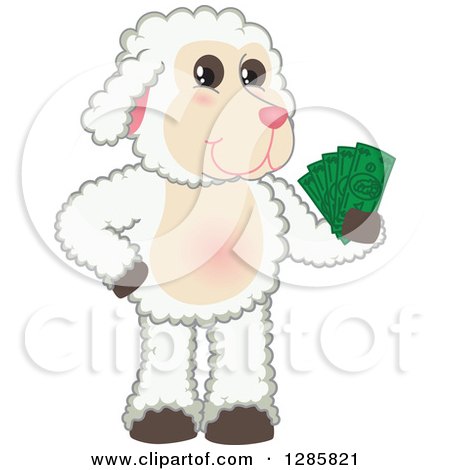 Clipart of a Happy Lamb Mascot Character Holding Cash Money - Royalty Free Vector Illustration by Mascot Junction