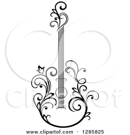 Clipart of a Black and White Floral Guitar 4 - Royalty Free Vector Illustration by Vector Tradition SM