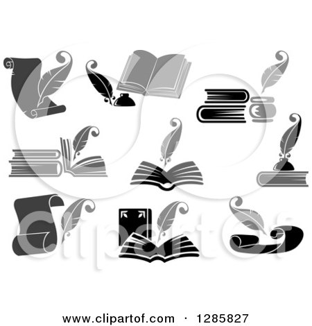 Clipart of Grayscale Feather Quill Pens, Scrolls and Books - Royalty Free Vector Illustration by Vector Tradition SM