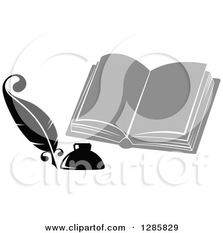 Clipart of a Grayscale Feather Quill Pen, Ink Well and Open Book - Royalty Free Vector Illustration by Vector Tradition SM