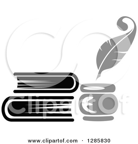 Clipart of a Grayscale Feather Quill Pen, Ink Well and Stack of Books - Royalty Free Vector Illustration by Vector Tradition SM