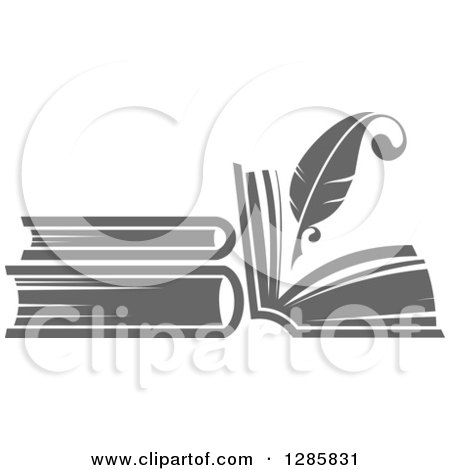 Clipart of a Grayscale Feather Quill Pen Writing in a Book or Journal 2 - Royalty Free Vector Illustration by Vector Tradition SM
