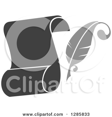 Clipart of a Grayscale Feather Quill Pen and a Scroll - Royalty Free Vector Illustration by Vector Tradition SM