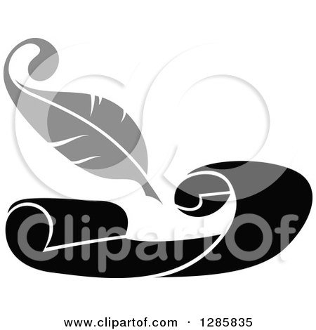 Clipart of a Grayscale Feather Quill Pen Writing on a Black Scroll - Royalty Free Vector Illustration by Vector Tradition SM