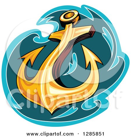 Clipart of a Golden Ship's Anchor with a Turquoise and Teal Splash - Royalty Free Vector Illustration by Vector Tradition SM