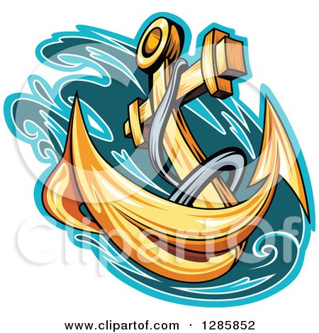 Clipart of a Golden Ship's Anchor with a Turquoise and Teal Splash 2 - Royalty Free Vector Illustration by Vector Tradition SM