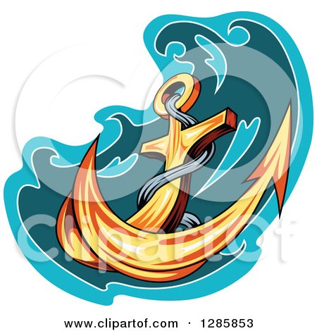Clipart of a Golden Ship's Anchor with a Turquoise and Teal Splash 3 - Royalty Free Vector Illustration by Vector Tradition SM
