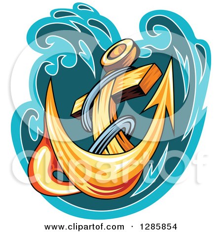 Clipart of a Golden Ship's Anchor with a Turquoise and Teal Splash 4 - Royalty Free Vector Illustration by Vector Tradition SM