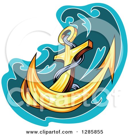 Clipart of a Golden Ship's Anchor with a Turquoise and Teal Splash 5 - Royalty Free Vector Illustration by Vector Tradition SM