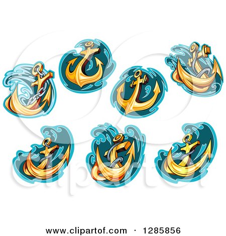 Clipart of Golden Ship Anchors with Turquoise and Teal Splashes - Royalty Free Vector Illustration by Vector Tradition SM