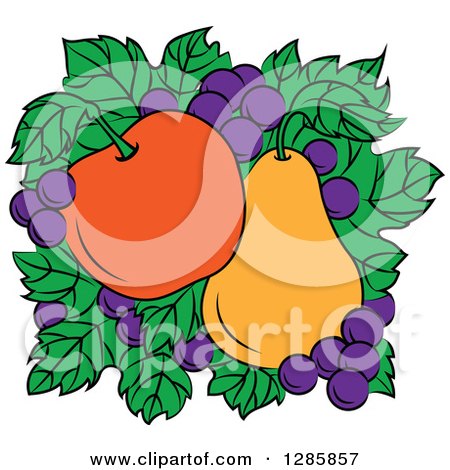 Clipart of a Bed of Leaves with Grapes, an Apple and Pear - Royalty Free Vector Illustration by Vector Tradition SM