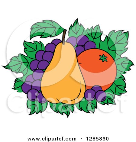 Clipart of a Bed of Leaves with Grapes, a Pear and an Orange - Royalty Free Vector Illustration by Vector Tradition SM
