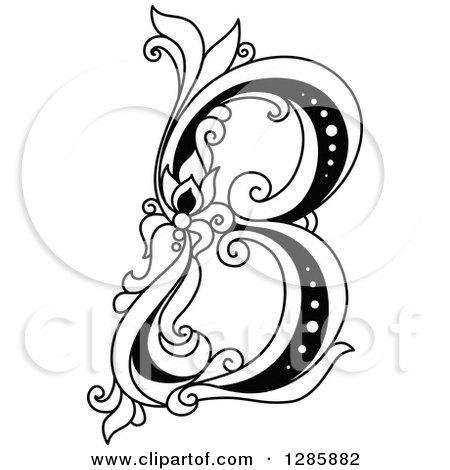Clipart of a Black and White Vintage Floral Capital Letter B - Royalty Free Vector Illustration by Vector Tradition SM